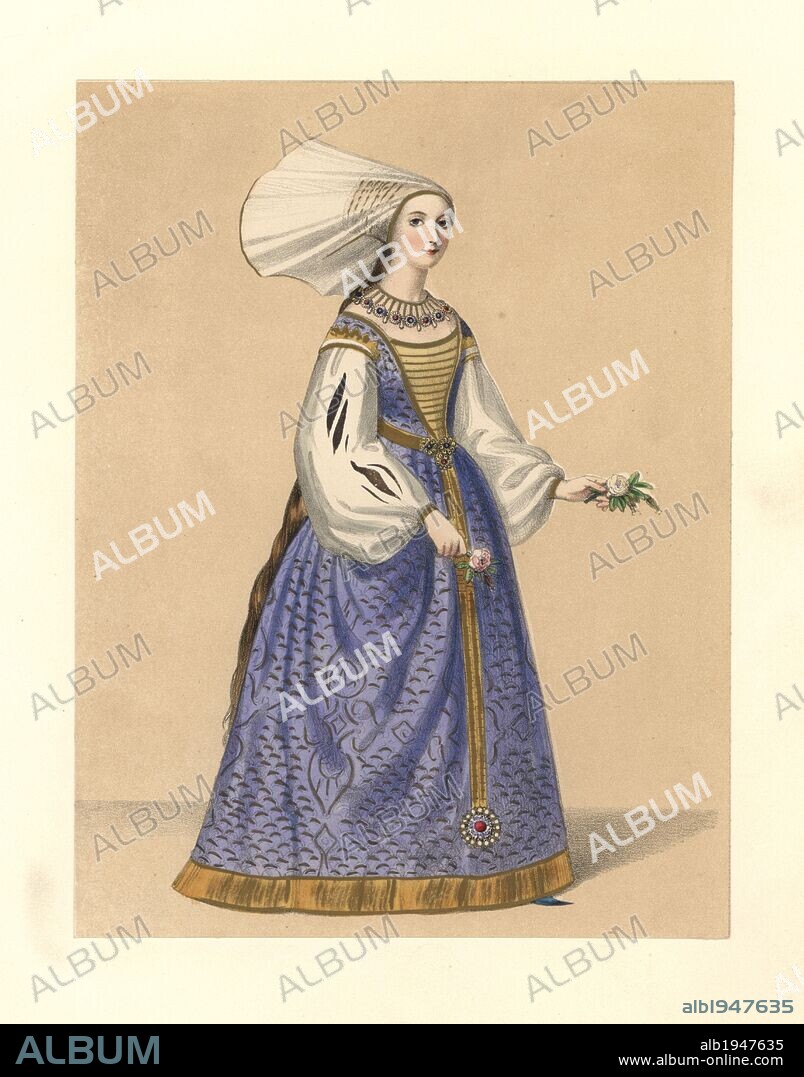 Dress of the reign of King Richard III, 1483~1485. Blue and gold embroidered dress with white puff sleeves, jeweled necklace and belt, headdress with upright veil. Based on illuminated Royal manuscript 16F2, Harleian manuscript 4425, "Roman de la Rose," Strutt’s “Habits.” Handcoloured lithograph from "Costumes of British Ladies from the Time of William the First to the Reign of Queen Victoria,” London, Dickinson & Son, 1840. 48 mounted plates of women's fashion from 1066 to 1840 based on effigies, manuscripts, portraits, prints and literary descriptions.