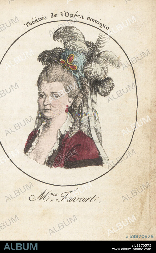 Justine Favart, Marie Justine Benoite Favart, French opera singer, actress, dancer and writer, wife of dramatist Charles Simon Favart, 1727-1772. Mme Favart. Theatre de l'Opera comique. Justine Duronceray. Handcoloured stipple engraving after Jacques Grasset Saint-Sauveur from Acteurs et Actrices Celebres, Famous Actors and Actresses, Chez Latour Libraire, Paris, 1808.