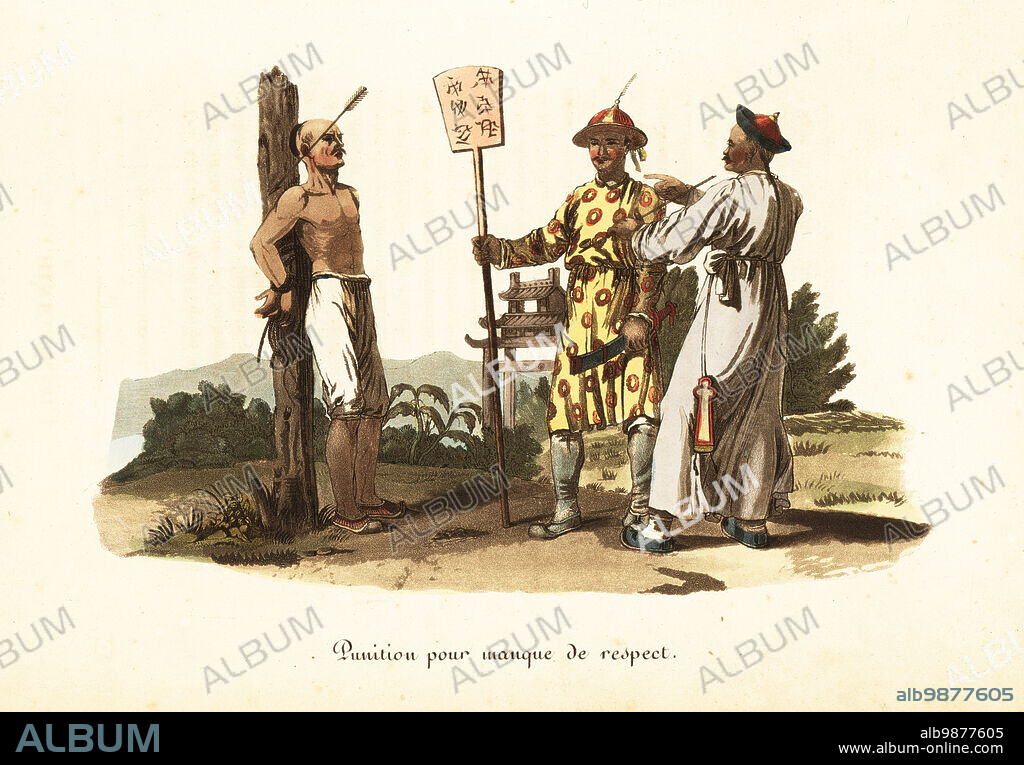 Chinese punishment for insolence to a superior, 18th century. The man is lashed with pantzee or bamboo stick and then pinned to a post by his ear with an arrow. A police officer holds a board painted with the crime, and a mandarin watches with tobacco pipe. The arrow punishment. Punition pour manque de respect. Handcoloured copperplate engraving after an illustration by William Alexander from J-B. Eyries La Chine: Costumes, Moeurs et Usages des Chinois, China: Costumes, Manners and Mores of the Chinese, Librairie de Gide Fils, Paris, 1822. Jean-Baptiste Eyries (1767-1846) was a French geographer, author and translator.