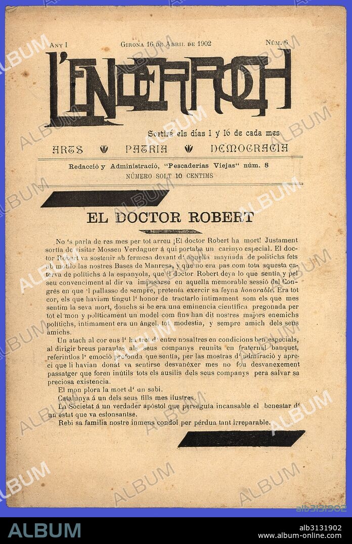 Portada de la revista quincenal L'Enderroch, publicando la noticia de la muerte del Doctor Bartomeu Robert Yarzabal, alcalde de Barcelona. Girona, abril de 1902.
