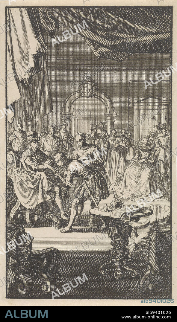 Transfer of the Spanish Netherlands by Philip II to Isabella Clara Eugenia, infante of Spain, September 10, 1597. Interior with Isabella Clara Eugenia, infante of Spain and Philip II on his throne, a man bows to him and kisses his hand, Handover of the Spanish Netherlands by Philip II to Isabella Clara Eugenia, infante of Spain, 1597, print maker: Jan Luyken, Amsterdam, 1699, paper, etching, h 134 mm × w 79 mm.