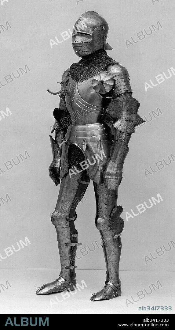 Composed Armor, 15th century and later, Landshut, European, Italian and German, Steel, iron, copper alloy (latten), leather, brass, Wt. approx. 41 lb. 12 oz. (18.94 kg); 50i (gauntlet); L. 11 3/4 in. (29.8 cm); W. 5 3/8 in. (13.7 cm); D. 5 in. (12.7 cm); Wt. 1 lb. (453.6 g); 50h (elbow reinforce); H. 8 3/8 in. (21.3 cm); W. 4 1/4 in. (10.8 cm); D. 9 1/2 in. (24.1 cm); Wt. 12.2 oz. (345.9 g); 50o (greave); H. 14 13/16 in. (37.6 cm); W. 4 5/8 in. (11.7 cm); D. 5 5/16 in. (13.5 cm); Wt. 1 lb. 9.2 oz. (714.4 g); 50n (thigh defense); H. 20 3/8 in. (51.8 cm); W. 6 11/16 in. (17 cm); D. 7 1/2 in. (19.1 cm); Wt. 4 lb. 5.5 oz. (1970.3 g); 50u (mail collar with integral bevor); H. 15 5/8 in. (37 cm); W. 31 5/16 in. (79.5 cm); Diam. (outside) of collar links 11/32 in. (8.3 mm); Diam. (inside) of collar links 7/32 in. (5.9 mm); Diam. (outside) of shawl links 5/16 in. (7.7 mm); Diam. (inside) of shawl links 1/4 in. (6.3 mm); 50v (mail sleeve); L. 29 1/8 in. (74 cm) W. 13 in. (33 cm); Diam. (outside) of links, 9/32 in. (7.2 mm); Diam. (inside) of links, 3/16 in. (5 mm); 50w (mail sleeve): L. 27 5/8 in. (70.0 cm); W. 12 3/16 in. (31.0 mm); Diam. (outside) of links 9/32 in. (6.8 mm); Diam. (inside) of links, 3/16 in. (4.6 mm); 50x (pair of mail paunces); H. 8 11/16 in. (22 cm); H. of skirt 14 13/16 in. (37.5 cm); W. of bravette 26 in. (66 cm); Diam. of waist 32 1/8 in. (81.5 cm); Diam. (outside) of links 13/32 in. (10.6 mm); Diam. (inside) of links, 7/32 in. (5.6 mm), Armor for Man.