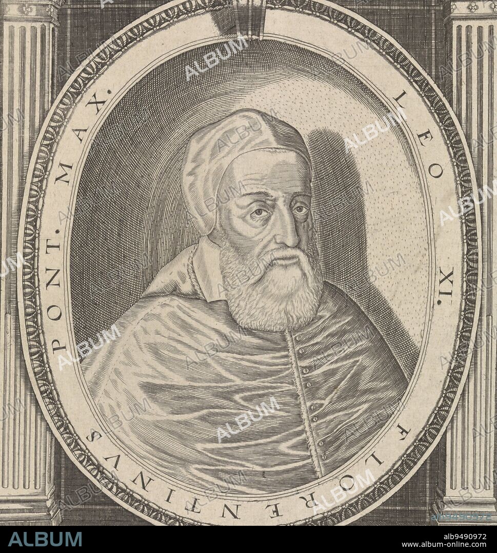 Portrait of Pope Leo XI clad in the papal robe, head adorned with a camauro Bust to right in oval frame with edge lettering Above a line of text in Latin and at center top his papal coat of arms is depicted Below the portrait five lines of text in Latin, Portrait of Pope Leo XI, print maker: Friedrich van Hulsen, Germany, 1590 - 1665, paper, engraving, h 308 mm × w 192 mm.