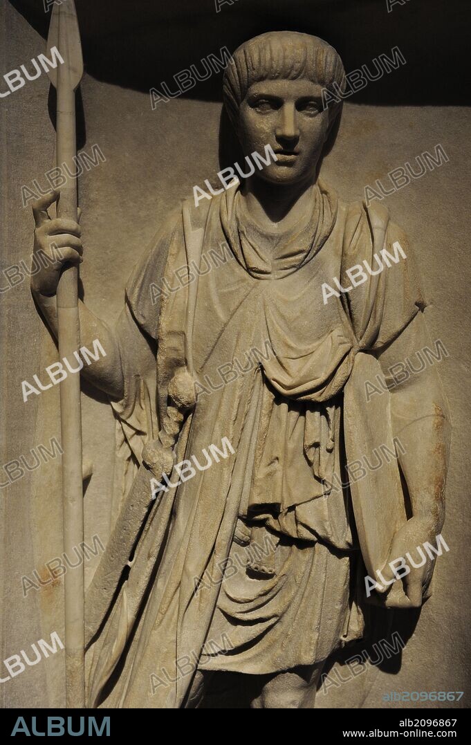 Relief depicting a roman legionary. Marble. 2nd century AD. From a triumphal arch of Emperor Trajan. Neues Museum (New Museum). Berlin. Germany.