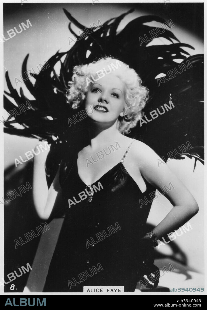 Alice Faye, American actress and singer, c1938. Born Alice Jeane Leppert, Alice Faye (1915-1998) was a leading Hollywood star in the late 1930s and early 1940s until a dispute with her studio, 20th Century Fox, effectively ended her career. Cigarette card from 'Modern Beauties', 3rd series, issued by the British-American Tobacco Company.