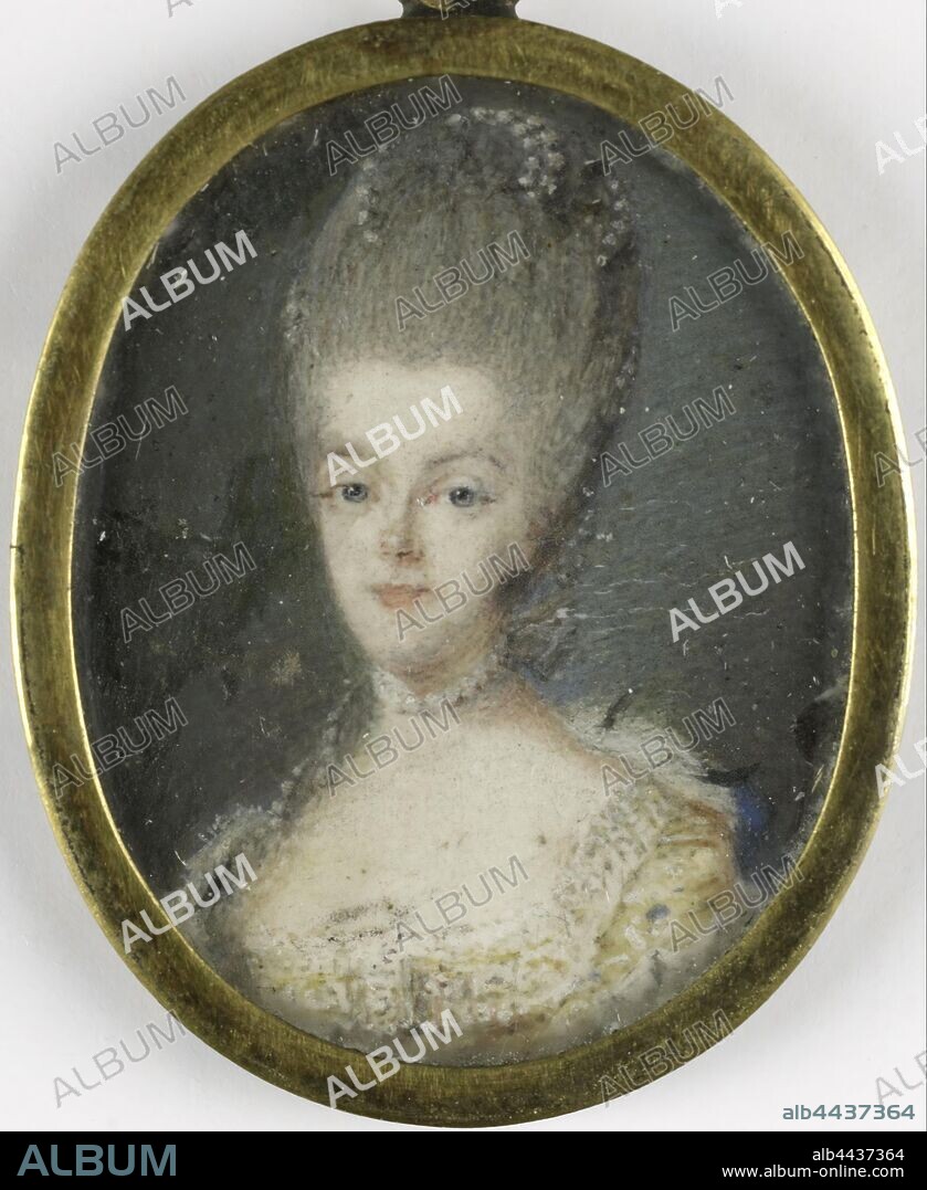 Frederika Sophia Wilhelmina (Wilhelmina, 1751-1820), princess of Prussia. Wife of William V, Portrait of Frederika Sophia Wilhelmina (1751-1820), Princess of Prussia. Wife of Willem V. Buste, facing front. Part of the collection of portrait miniatures, Wilhelmina van Prussia (1751-1820), Robert Mussard, 1768, parchment (animal material), metal, glass, h 3.3 cm × w 2.7 cm h 4.1 cm × w 2.8 cm × d 0.5 cm.