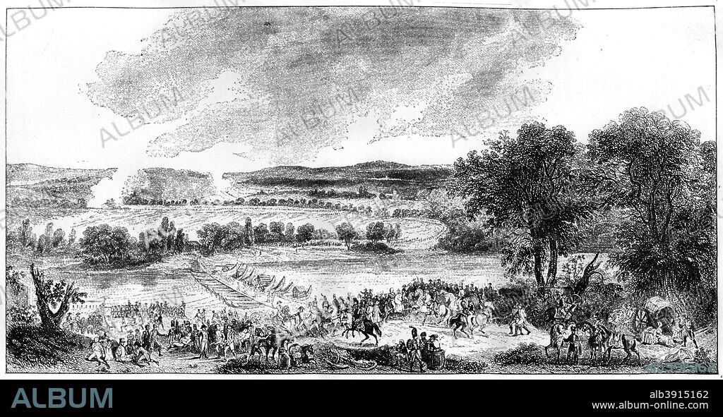 The Battle of Arcole, Italy, 15-17th November 1796 (1882-1884). The French defeated the Austrians on 17 November 1796 after a three day battle at Arcole, Northern Italy. The battle was notable in the rise to prominence of Napoleon Bonaparte. Early in the battle, he seized a flag and attempted to cross the bridge separating the two armies, before being driven back by Austrian fire. A print from La France et les Français à Travers les Siècle, Volume IV, F Roy editor, A Challamel, Saint-Antoine, 1882-1884.