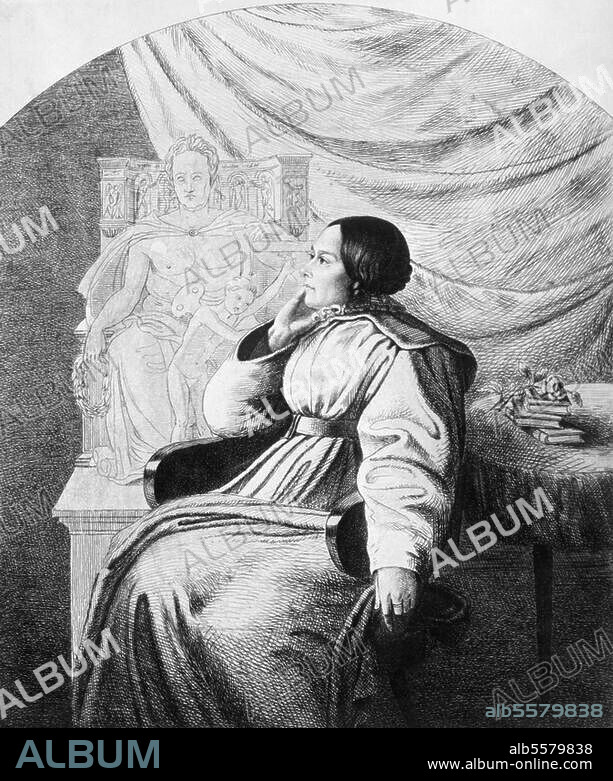 Arnim, Bettina von, geb. Brentano, Schriftstellerin; Frankfurt am Main. 4.4.1785 - Berlin 20.1.1859. - "Bettina von Arnim vor dem Entwurf ihres Goethe-Denkmals". Radierung, 1838 von Ludwig Emil Grimm. (1790-1863).
