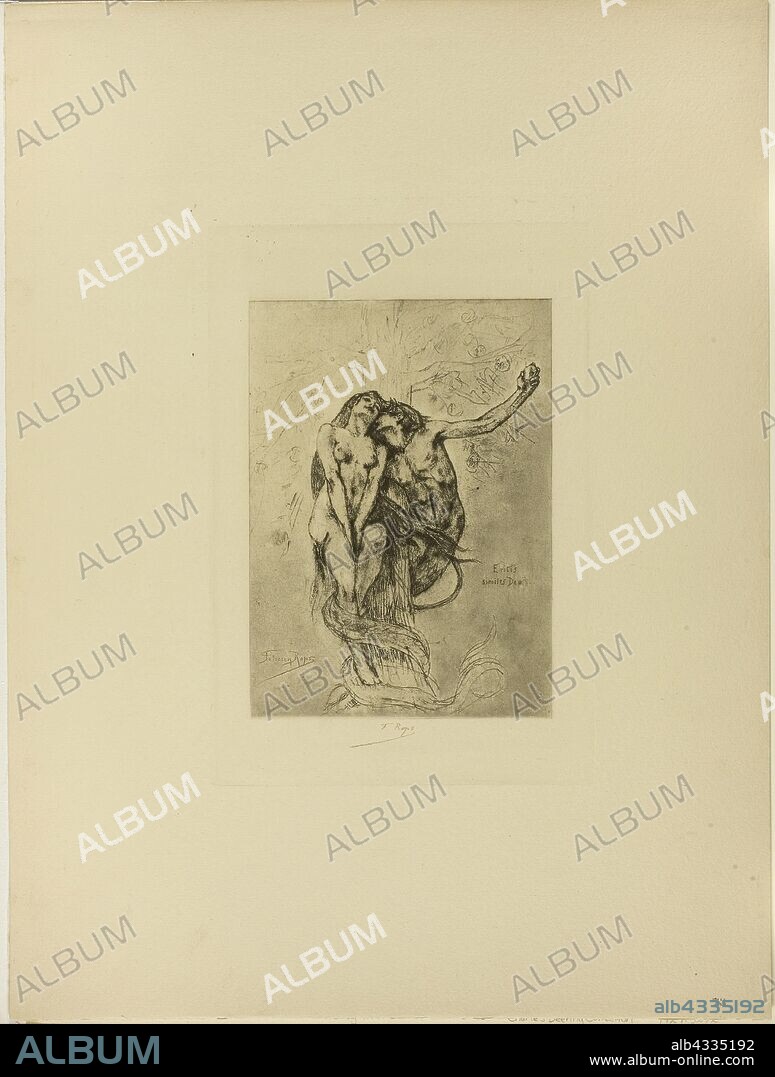 Temptation or the Apple, n.d., Félicien Rops, Belgian, 1833-1898, Belgium, Heliogravure, with hand-coloring, on cream wove paper, 181 × 134 mm (image), 250 × 171 mm (plate), 453 × 339 mm (sheet, folded).
