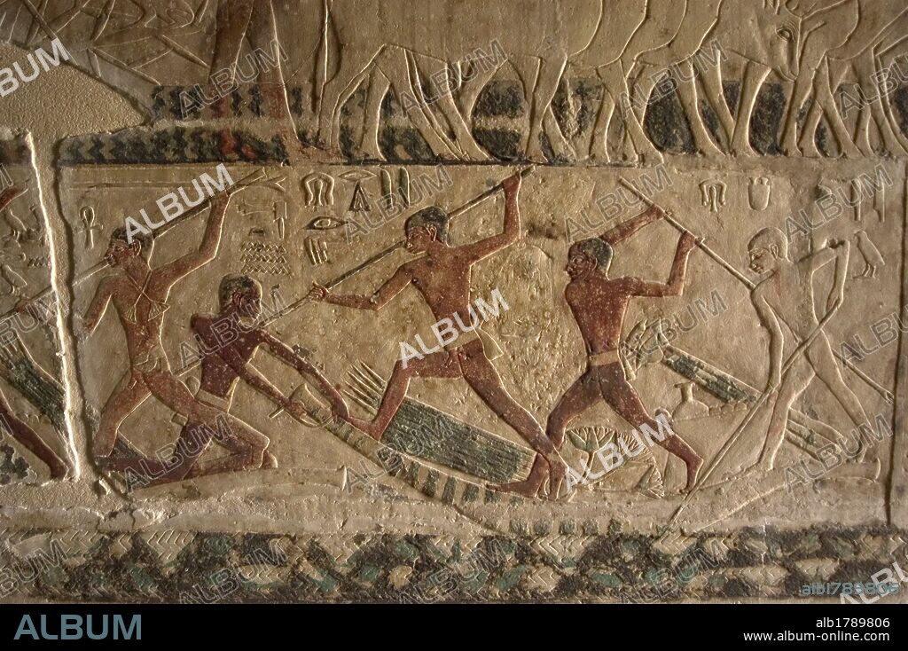 Mastaba of Nefer and Kahay. Polychromed relief depicting fighters on a boat. 5th Dynasty. Old Kingdom. Saqqara. Egypt.