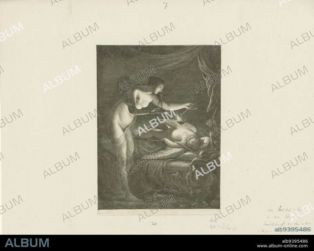 Amor and Psyche, Amor and Psyche. Amor lies asleep on a bed under canopy. Psyche, an oil lamp in hand, bends over to him., print maker: Adam Friedrich Oeser, 1732 - 1799, paper, etching, height 280 mm × width 202 mm.