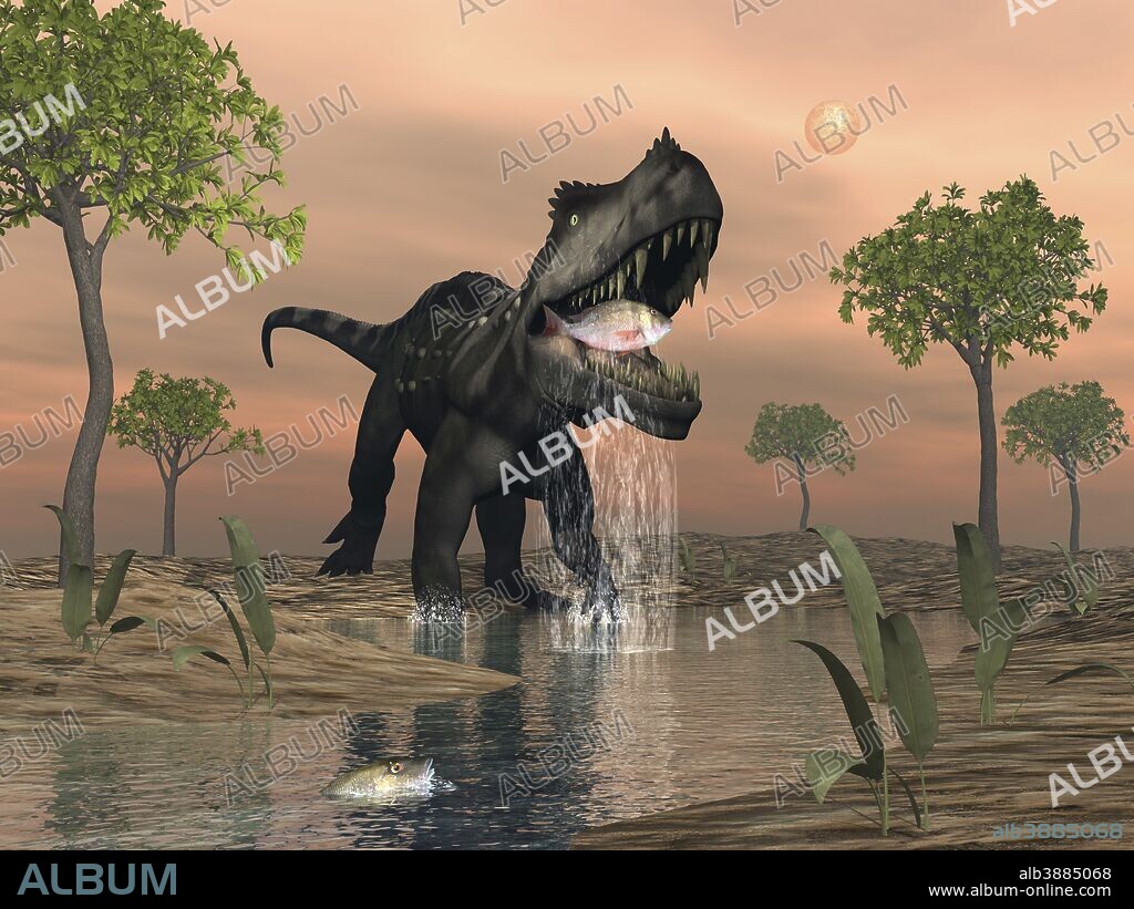 Prestosuchus dinosaur fishing amongst glossopteris tree by sunset.