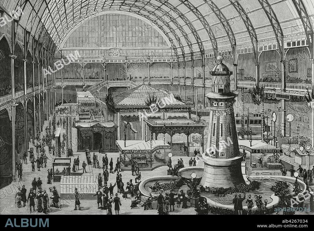 Francia. París. La primera Exposición Internacional de Electricidad, celebrada entre 15 de agosto de 1881 al 15 de noviembre de 1881, en el Palacio de la Industria. Aspecto de la Sala Central. Grabado por Bernardo Rico (1825-1894). La Ilustración Española y Americana,8 de septiembre de 1881.