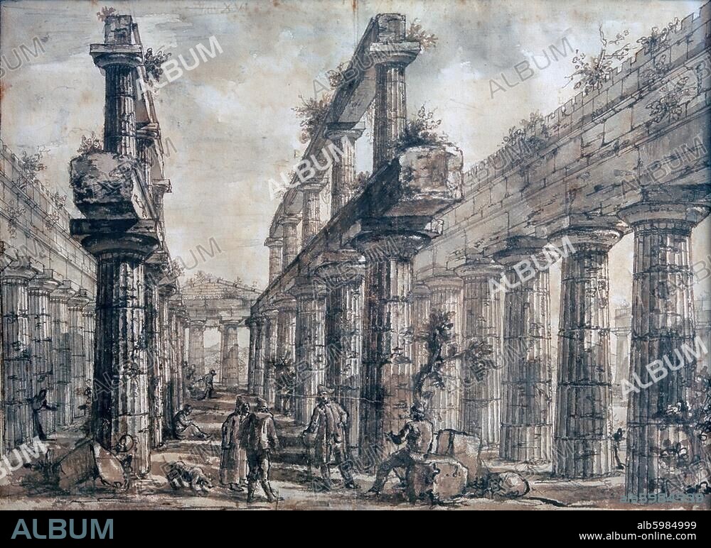 Paestum (Italy), so-called Poseidon Temple (Temple of Hera; Magna Græcia, ca. 460 BC. Interior view of the cella to the east. Draft for plate XVI, for a series of etchings 'Différentes vues de quelques restes de 3 grands édifices' / Drawing, 1778, by G.B. Piranesi (1720 - 1778). Chalk, pencil, ink, watercolour, 50 × 68.2cm /  SM 13.