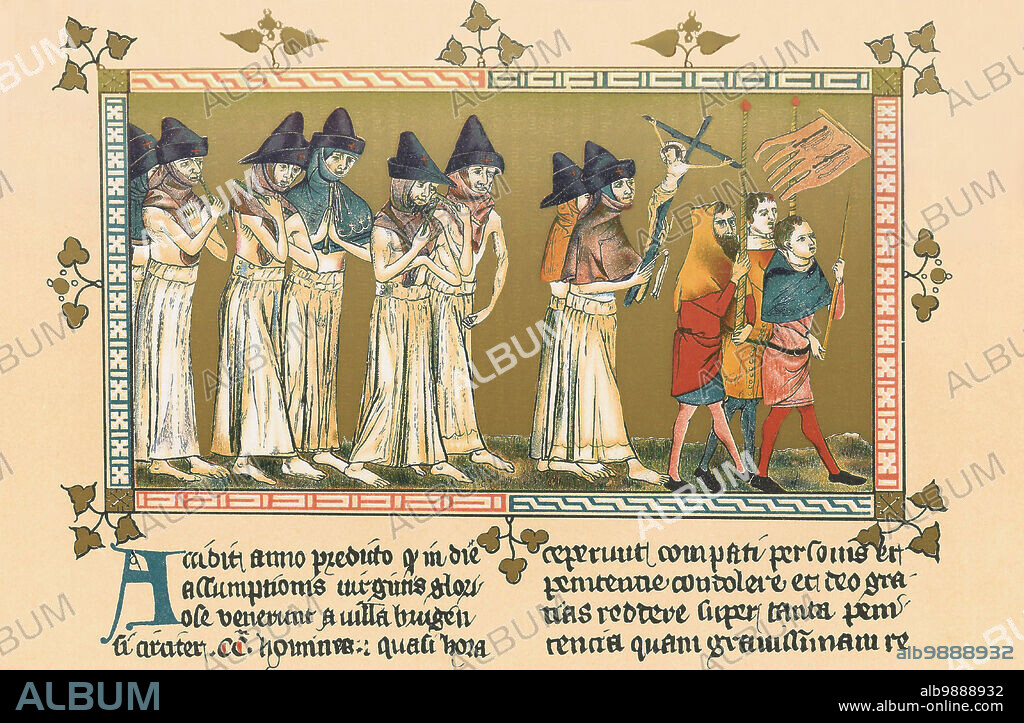 Belgium: Flagellants at Doornik (Tournai) seeking relief from the Black Death. Miniature painting from the Chronicle of Aegidius li Muisis by Pierart dou Tielt (fl. 1340-1360), c. 1353. The Black Death was one of the most devastating pandemics in human history, peaking in Europe between 1348 and 1350. Of several competing theories, the dominant explanation for the Black Death is the plague theory, which attributes the outbreak to the bacterium Yersinia pestis. Thought to have started in China, it travelled along the Silk Road and reached the Crimea by 1346.