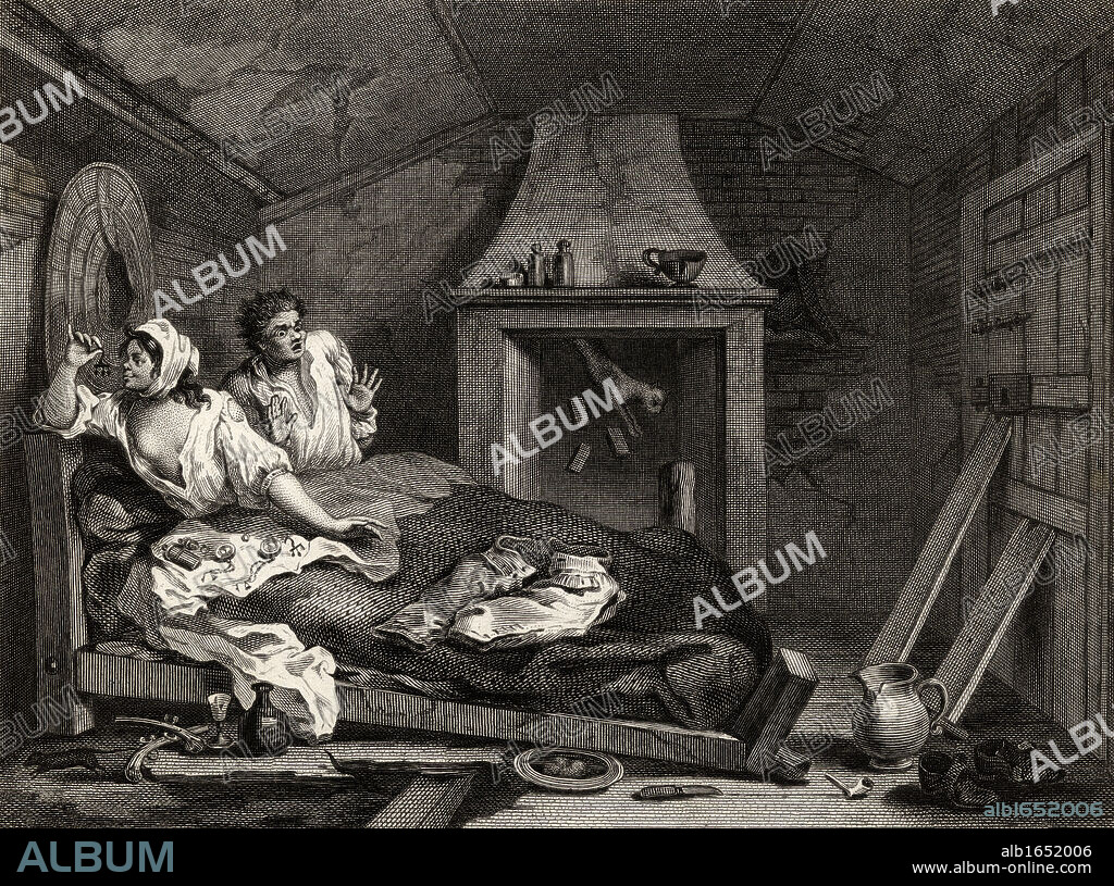 Industry and Idleness The idle prentice returned from sea and in a garret with a prostitute From the original design by Hogarth from The Works of Hogarth published London 1833.