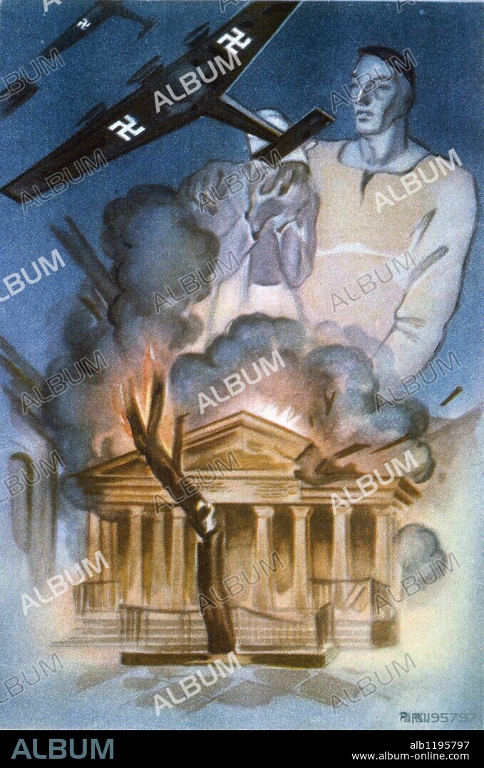 Cartel alegoría a Guernika. Editado por el Departamento de Propaganda de la Delegación de Gobierno de Euskadi en Cataluña. Obra de Paco de Ribera. Zona Republicana. Guerra civil 1936-39.