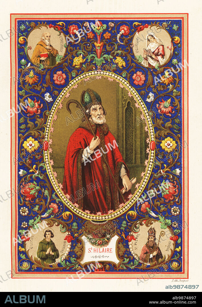 Portrait of Saint Hilary, Bishop of Poitiers, with mitre and crook, within decorative border of foliage. Vignettes of Saint Theodisius the Cenobiarch, Saint Gudula, Saint Peter, Bishop of Rome, and Saint Lucian of Antioch, Lucian the Martyr. Chromolithograph by Jacquet from Legende Celeste, nouvelle histoire de la Vie des Saints, Celestial Legend, Lives of the Saints, Paul Mellier, Paris, 1845.