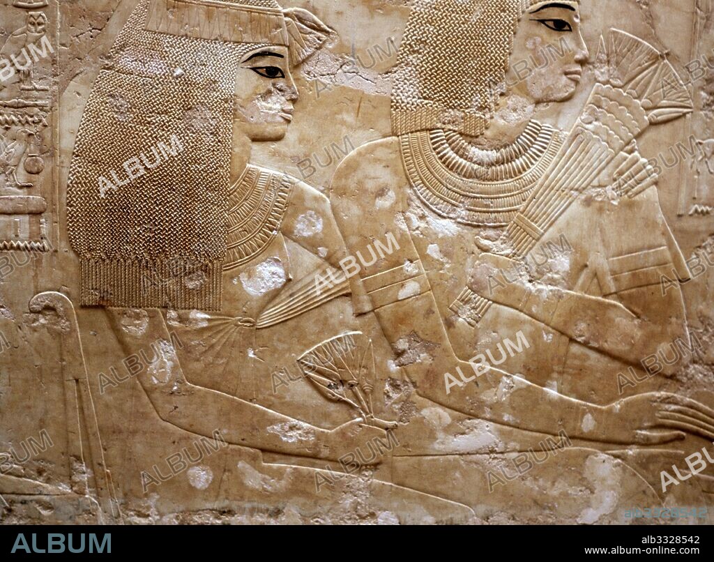 Relief depicting Ramose and his wife, from the Tomb of Ramose on the West Bank at Luxor. Ramose was Governor of Thebes and Vizier during the reigns of Amenophis III who ruled Egypt from 1391-1353 or 1388-1351 BC and Amenophis IV who changed his name to Akhenaten and reigned from 1353-1336 or 1351- 1334 BC. Thebes is the name the Greeks gave to Waset, the ancient capital of Egypt.