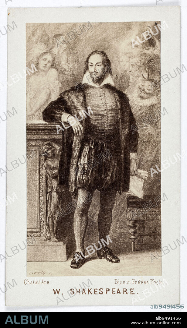 Portrait of William Shakespeare (1554-1616), poet and playwright, after the painting by Antonin Marie Chatinière., Bisson Frères, Photographer, Lozano, J., Diffuseur, Between 1860 and 1890, 2nd half of the 19th century, Photography, Graphic arts, Photography, Albumen paper print, Dimensions - Work: Height: 8.9 cm, Width: 4.7 cm, Dimensions: Height: 10.5 cm, Width: 6.1 cm.