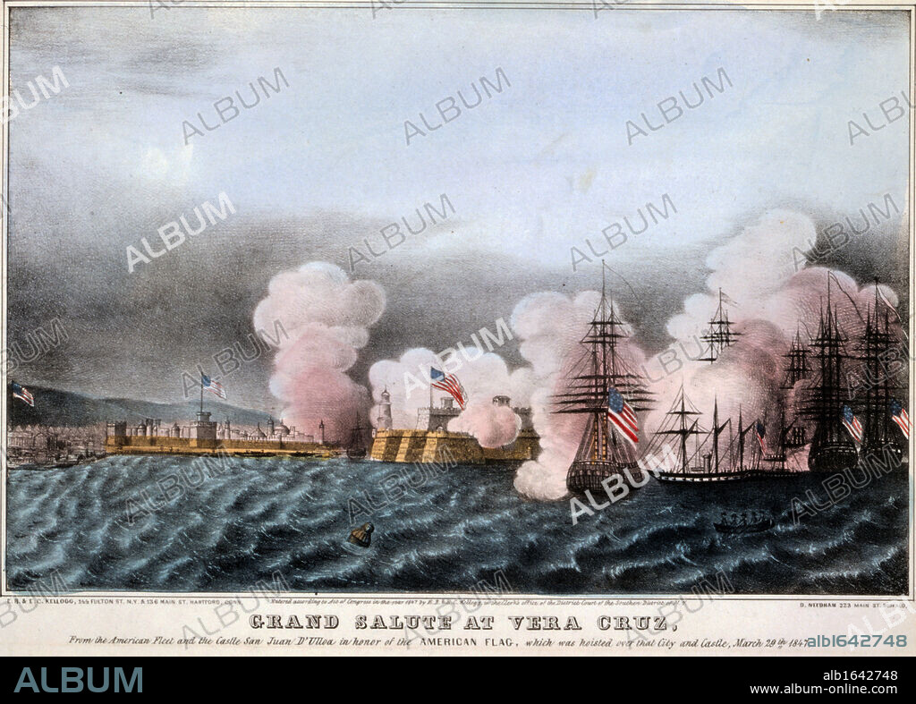 Mexican-American War 1846-1848: Battle of Vera Cruz, 20 day siege of the city 9-29 March 1847. American fleet saluting the raising of Stars and Stripes on Castle of San Juan d'Ulloa . This was the first large-scale amphibious assault by the United States forces.