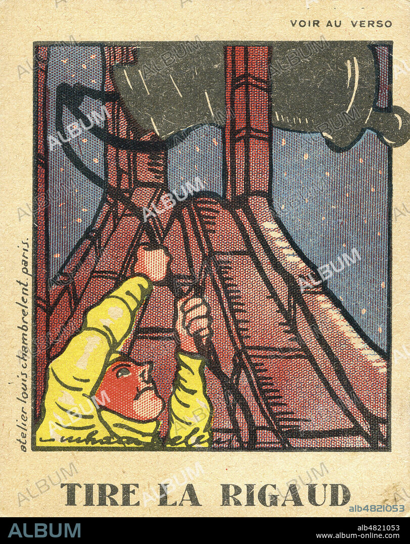 'Tire la Rigaud'. (ou a tire larigot la plupart du temps) La rigaude est une cloche baptisee du nom d'Odon Rigaud, archeveque de Rouen qui en fit don a son eglise au 12e s. Chromo vers 1925. Credit : Collection KHARBINE-TAPABOR.