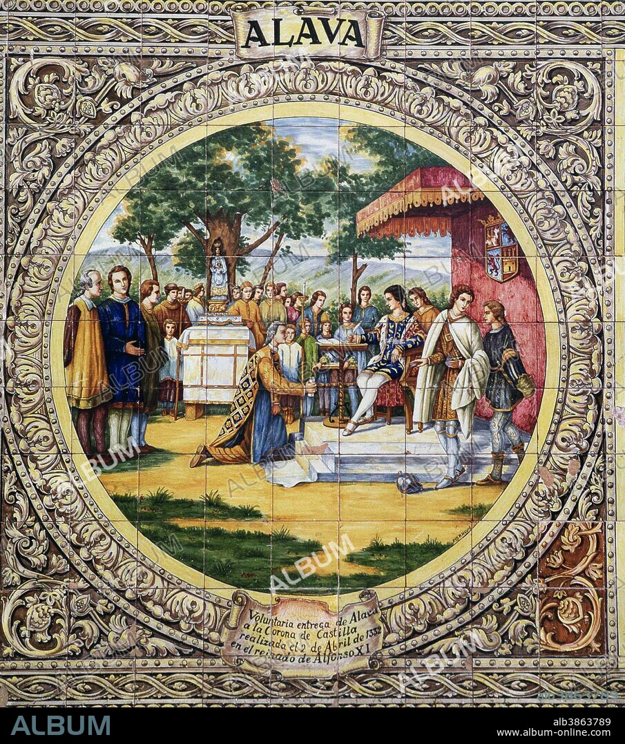 ALFONSO XI " EL JUSTICIERO ". REY DE CASTILLA - LEON . SALAMANCA 1311 / 1350. " ENTREGA DE ALAVA A LA CORONA DE CASTILLA EN 1332 ". AZULEJOS DE LA PLAZA DE ESPAÑA EN SEVILLA. . SFGP / © KORPA.