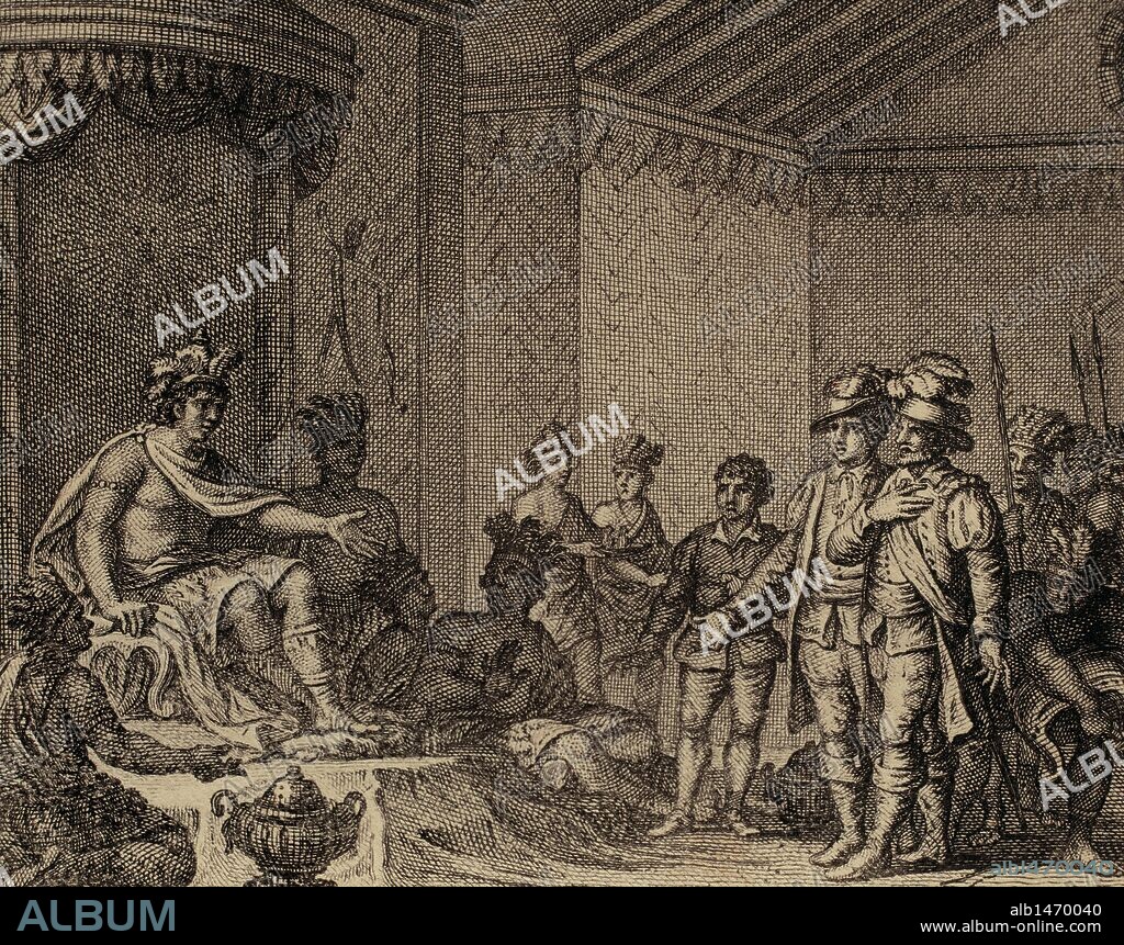 Atahualpa (1497-1533). Inca Emperor. Submission of the last Inca emperor to the spanish embassy of Francisco Pizarro, led by Hernando de Soto. Engraving, 1807.