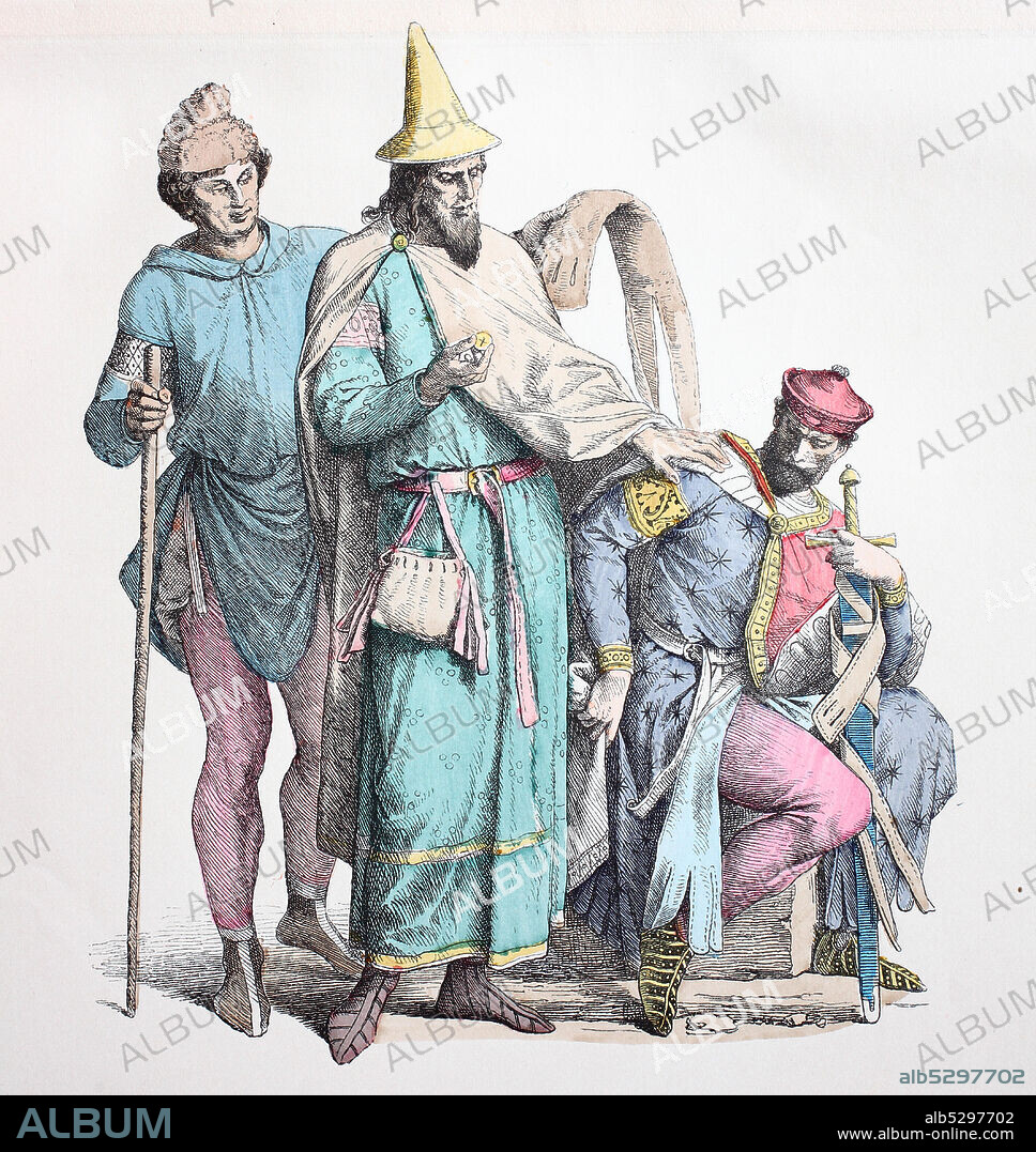 National costume, clothes, history of the costumes, man from the people, rich Jew, knight, France, 12th century, Volkstracht, Kleidung, Geschichte der Kostüme, Mann aus dem Volke, reicher Jude, Ritter, Frankreich, 12. Jahrhundert.