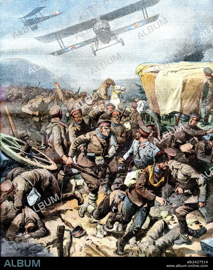 World War I 1914 1918-The defeat of Bulgaria in 1918. On the road to defeat. A scene of the route of the Bulgarians in front of the victorious Allied advance that forced the government of Sofia to seek the armistice and the peace. The Kingdom of Bulgaria participated in World War I on the side of the Central Powers from 14 October 1915, when the country declared war on Serbia, until 30 September 1918, when the Armistice of Thessalonica was signed and came into effect. Illustration by Achille Beltrame from La Domenica del Corriere, 1918.