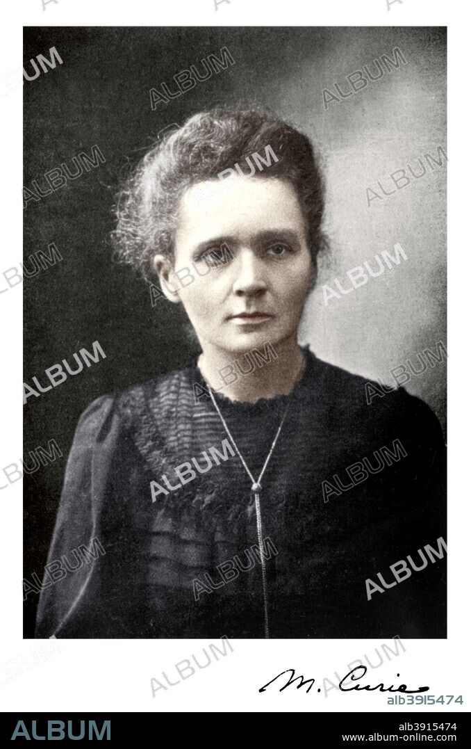 Marie Curie, Polish-born French physicist, 1917. Marie (1867-1934) and her husband Pierre Curie continued the work on radioactivity started by Henri Becquerel. In 1898, they discovered two new elements, polonium and radium. Marie did most of the work of producing these elements, and to this day her notebooks are still too radioactive to use. She went on to become the first woman to be awarded a doctorate in France, and continued her work after Pierre's death in 1906. In 1903 the Curies shared the Nobel Prize for Physics with Becquerel. Marie won a second Nobel Prize, for chemistry, in 1911. (Colourised black and white print).