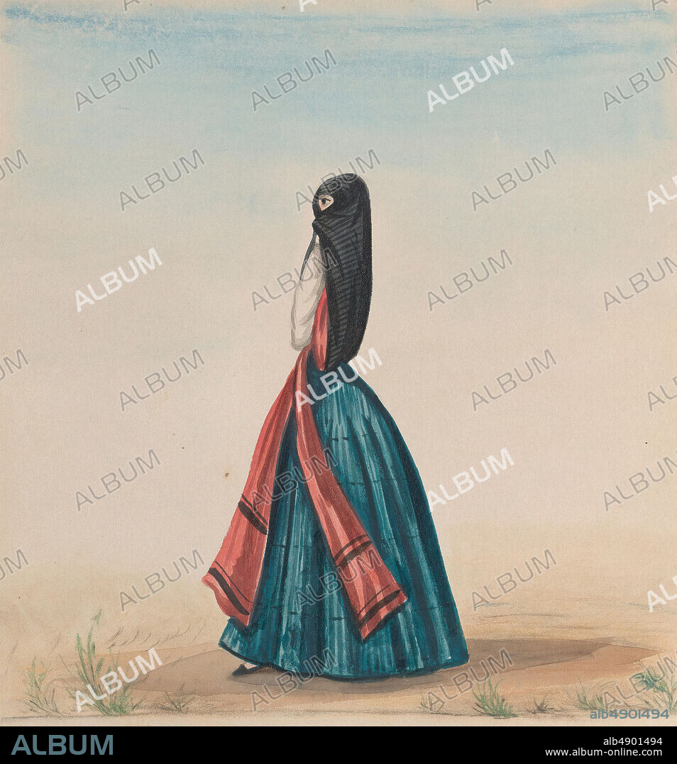 Attributed to Francisco (Pancho) Fierro, A woman wearing the saya and manto standing in profile, from a group of drawings depicting Peruvian costume, Attributed to Francisco (Pancho) Fierro (African Peruvian, 18071879), ca. 1848, Watercolor, Sheet: 9 1/16 × 7 1/2 in. (23 × 19 cm), Drawings.
