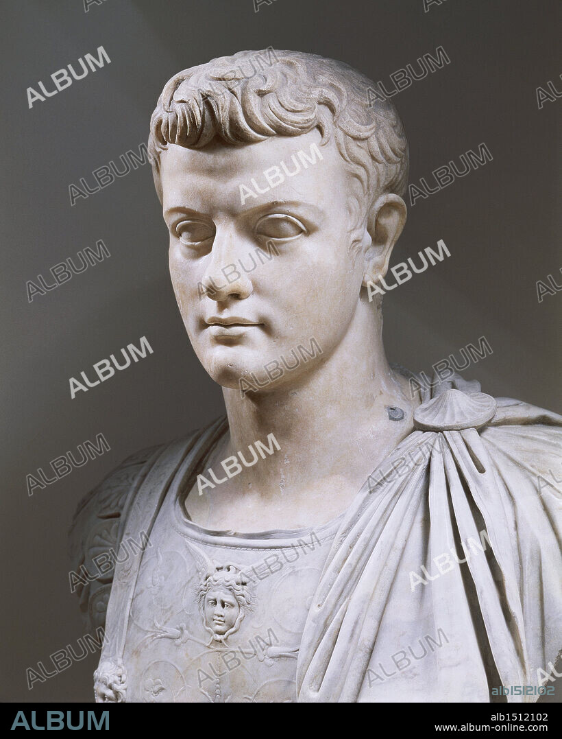 Roman civilization, 1st century A.D. Marble bust of Emperor Caligula.
