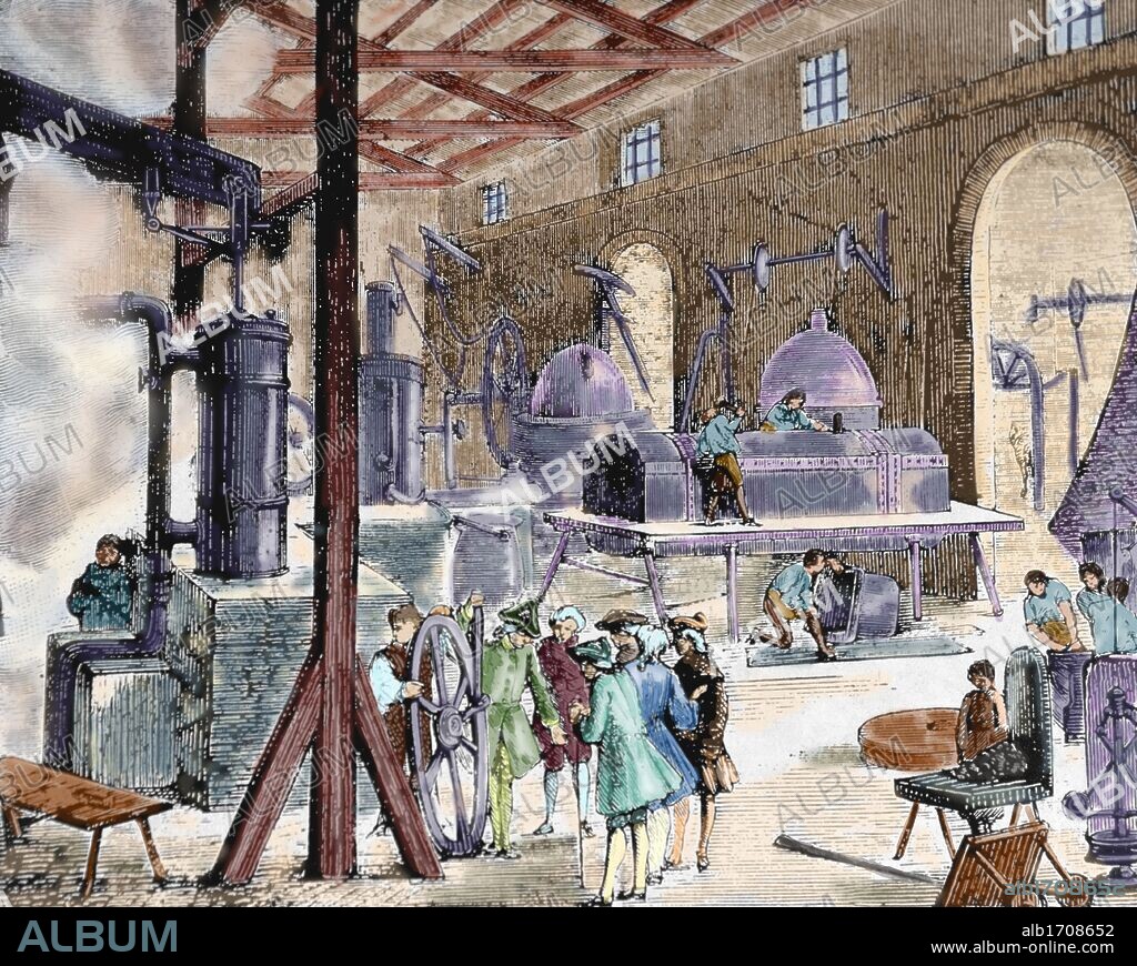 REVOLUCION INDUSTRIAL. Grabado del s. XIX con la representación del interior de una FABRICA INGLESA de finales del siglo XVIII. Londres. Coloreado.