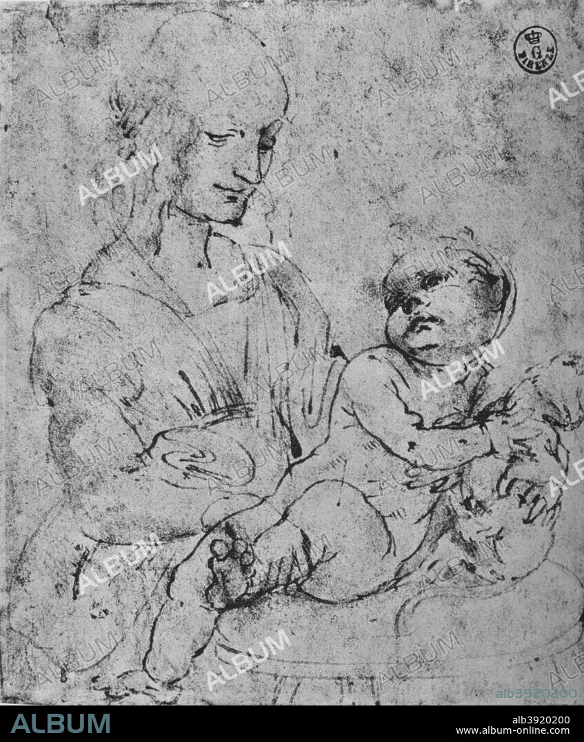 'Madonna and Child with a Cat', 1478-1480 (1945). The drawing is held by the Galleria degli Uffizi, Florence. From The Drawings of Leonardo da Vinci. [Reynal & Hitchcock, New York, 1945].