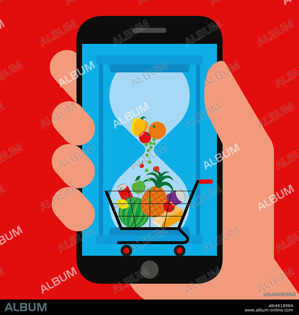 Man holding smart phone with food waste app.