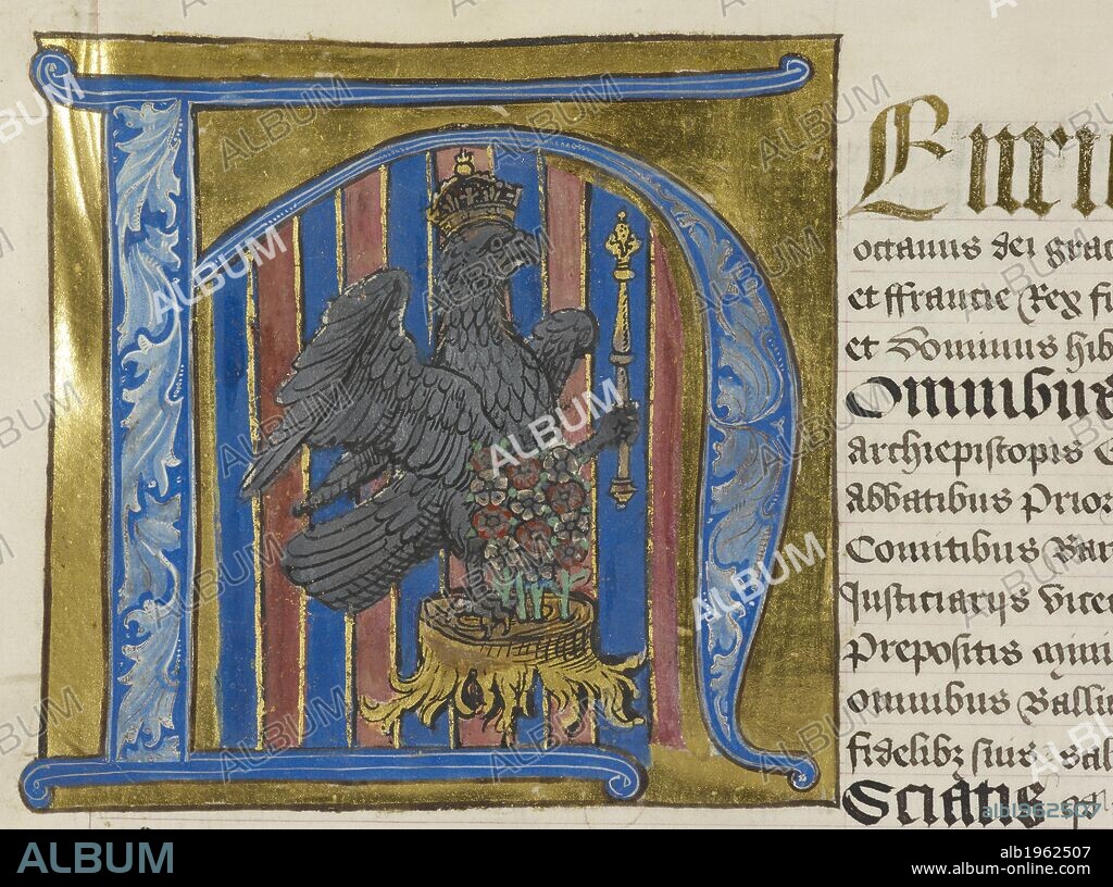 Detail of imperial falcon inside a decorated initial. A patent granted to Anne Boleyn in 1533. Patents granted to Anne Boleyn as Marquess of Pembroke England. S. E. (probably London). between September 1532 and March 1533. Source: Harley 303, f.1. Language: Latin.