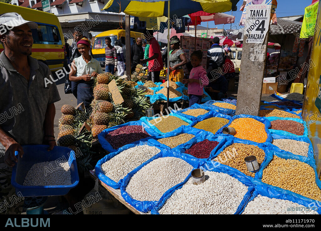 Food market close to Gare Soarano train station, Antananarivo, Madagascar, Africa.