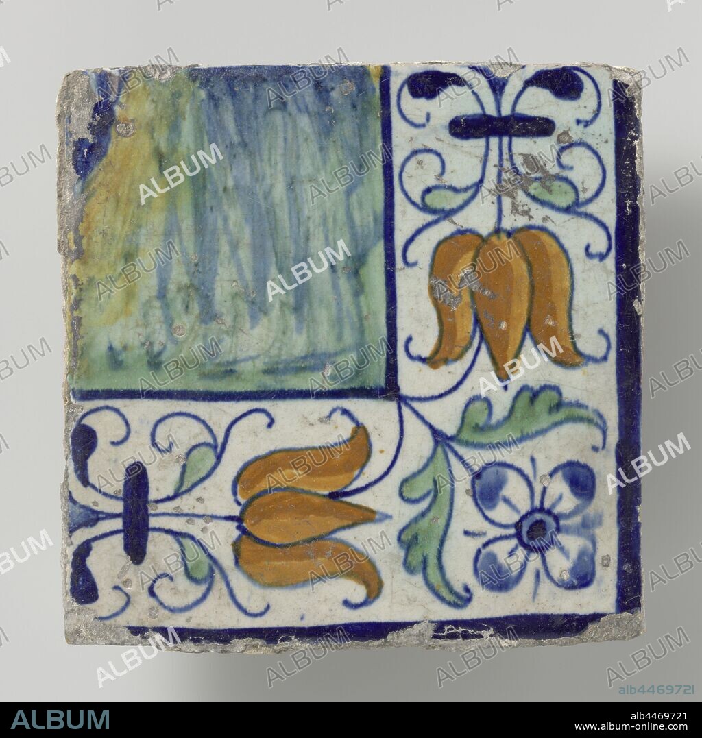 Tile panel with Prince Maurits, Loose tile belonging to the tile panel with Prince Maurits., anonymous, Netherlands, c. 1600 - c. 1625, earthenware, tin glaze, h 13 cm × w 13 cm t 1.5 cm.