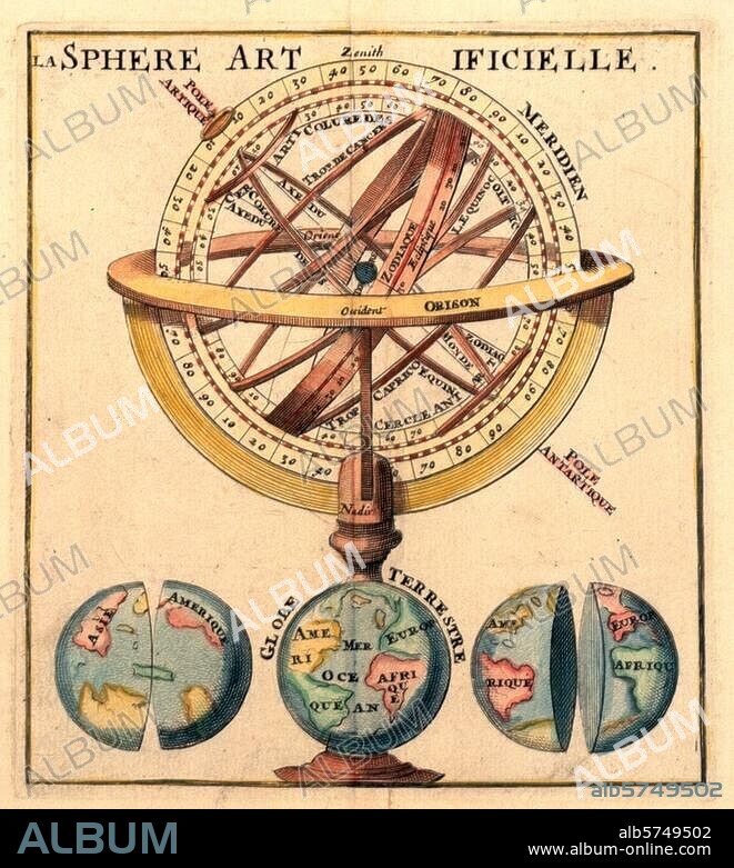 ANONYM. Astronomie:. Geräte / Armillarsphären. "La sphère artificille". Kupferstich, koloriert, unbez. und undat. (Frankreich, 17. Jahrhundert). Paris, Privatsammlung.