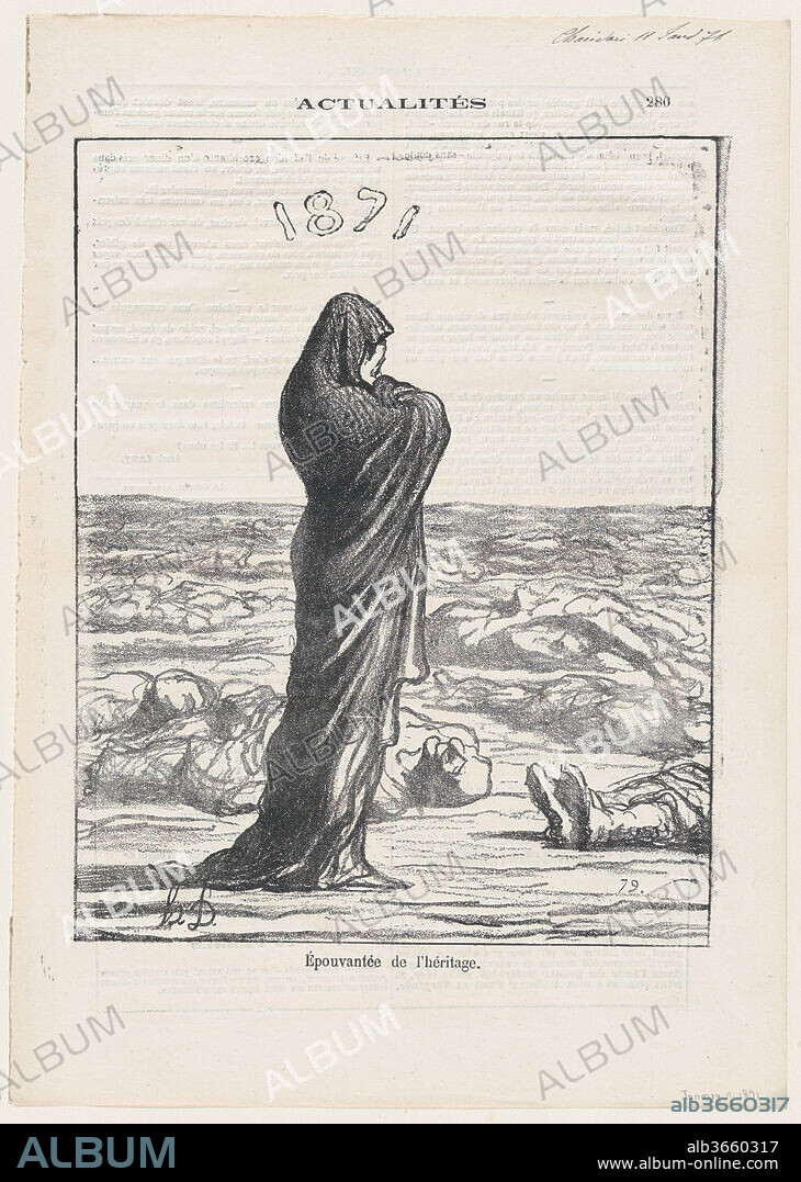 HONORE DAUMIER. Dismayed with her legacy, from 'News of the day,' published in Le Charivari, January 11, 1871. Artist: Honoré Daumier (French, Marseilles 1808-1879 Valmondois). Dimensions: Image: 9 1/8 × 7 1/8 in. (23.1 × 18.1 cm)
Sheet: 12 1/4 × 8 3/4 in. (31.1 × 22.2 cm). Series/Portfolio: 'News of the day' (Actualités). Date: January 11, 1871.