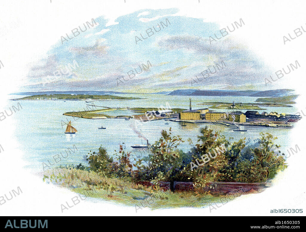 Queenstown/Cobh, the harbour for Cork. Between 1845 and 1860 above 2.5 million people emigrated from Ireland through Cobh. It was also last port of call the SS Titanic. Chromolithograph c1900.