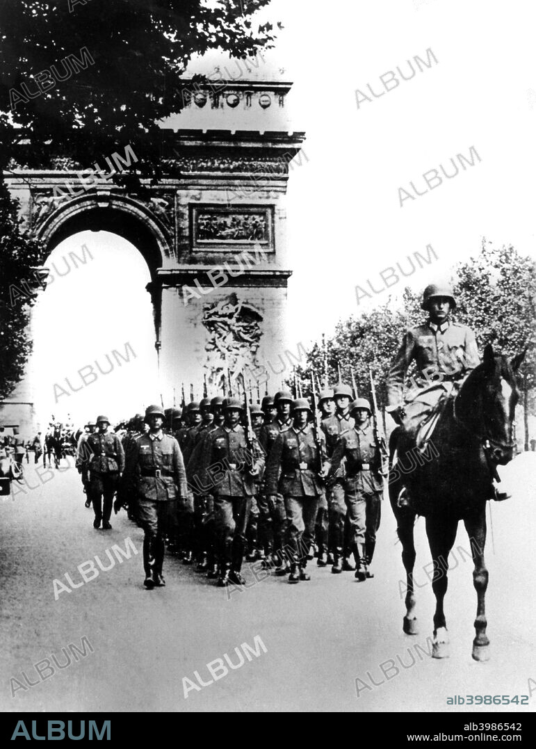 German troops marching on the Champs Elysees, Paris, 14 June 1940. Parade on the day that Paris fell to the Nazi invaders.