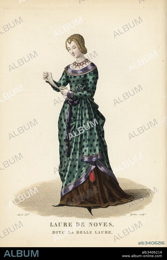 Laure de Noves, la Belle Laure, Laure de Sade, wife of Count Hugues de Sade, and muse of Francesco Petrarch, 1308-1348. She wears a shell hat called a coquille or cale, and a green dress decorated with violets, crakows or poulaines, and a pearl necklace. Handcoloured copperplate engraving by Georges Jacques Gatine after an illustration by Louis Marie Lante from Galerie Francaise de Femmes Celebres, Paris, 1827.