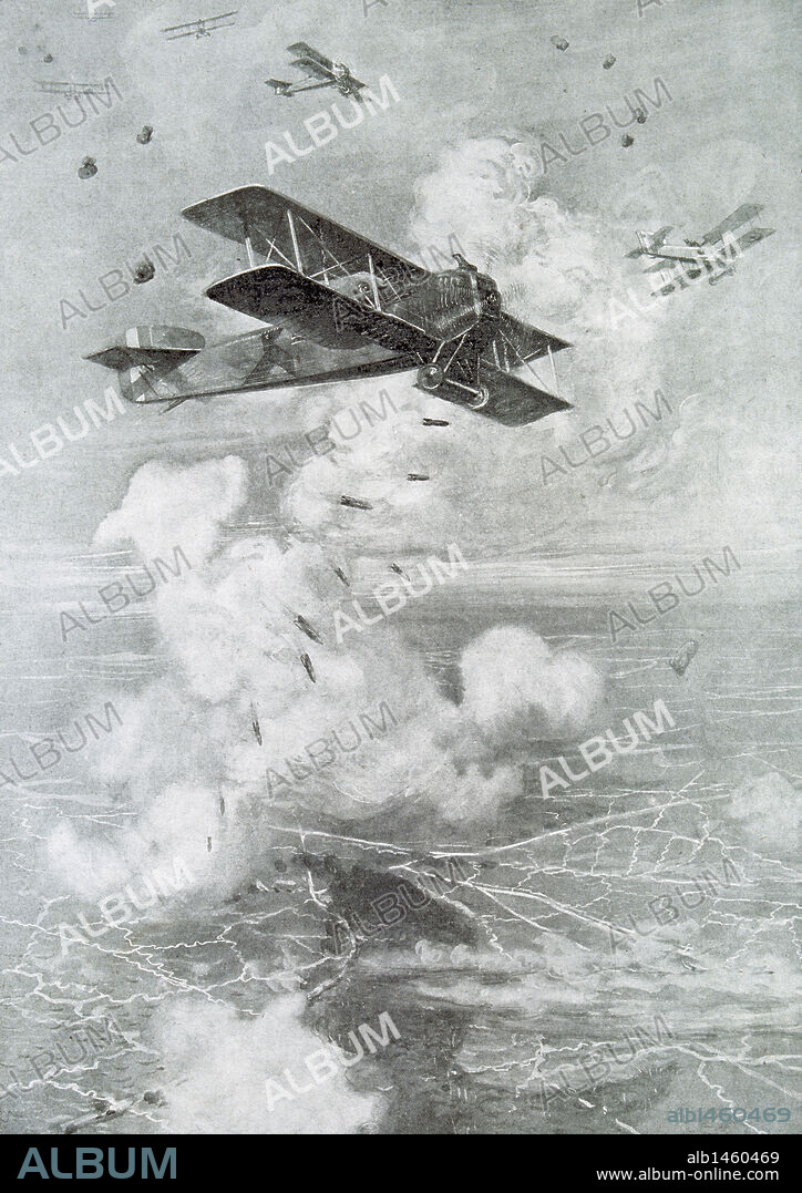 PRIMERA GUERRA MUNDIAL (1914-1918). Avión Breguet en pleno bombardeo. Dibujo de Etienne Cournault. "La Ilustración francesa" (1918) .
