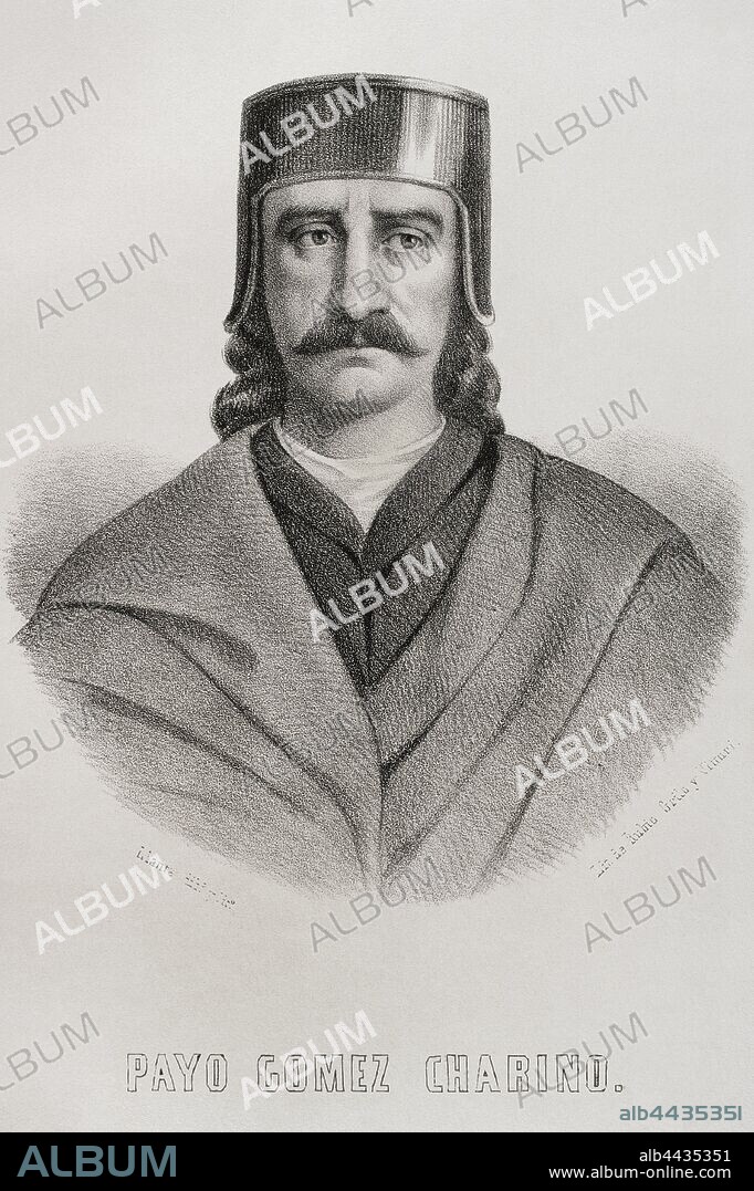 Pay Gómez Chariño (Pai Gomes Chariño) (h.1225-1295). Poeta y noble gallego. Adelantado mayor del Reino de Galicia y trovador en lengua gallega. Dibujo por Llanta. Litografía. Crónica General de España, Historia Ilustrada y Descriptiva de sus Provincias. Galicia,1866. Biblioteca Histórico Militar de Barcelona, Cataluña, España.