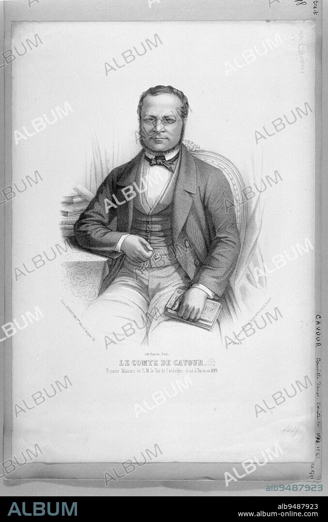 The Count of Cavour, Prime Minister of H.M. the King of Sardinia and born in Turin in 1809, Vayron, Draughtsman-Lithographer, 19th century, Graphic arts, Print, Lithography, Dimensions of the work: Height: 45.3 cm, Width: 31.2 cm, Dimensions of the museum mount:, Height: 50.1 cm, Width: 32.7 cm.