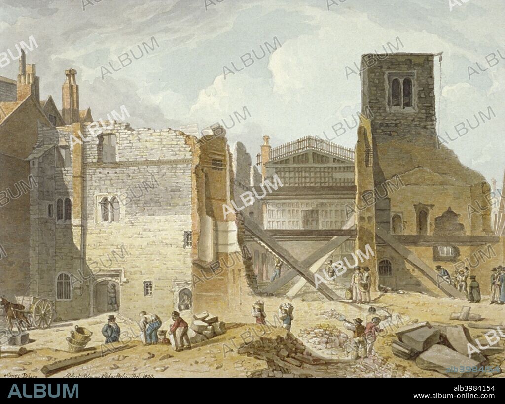 View of the demolition of the Savoy Palace, Westminster, London, 1820. The Savoy Palace was built in the 13th century. In the 14th century it was the London home of John of Gaunt, and was said to be the grandest mansion in England. In 1381 it was destroyed during the Peasants' Revolt, as the rebels held John of Gaunt responsible for the introduction of the poll tax that precipitated the revolt. Henry VII founded a hospital for the poor on the site, which opened in 1512. The buildings were demolished in the 19th century.