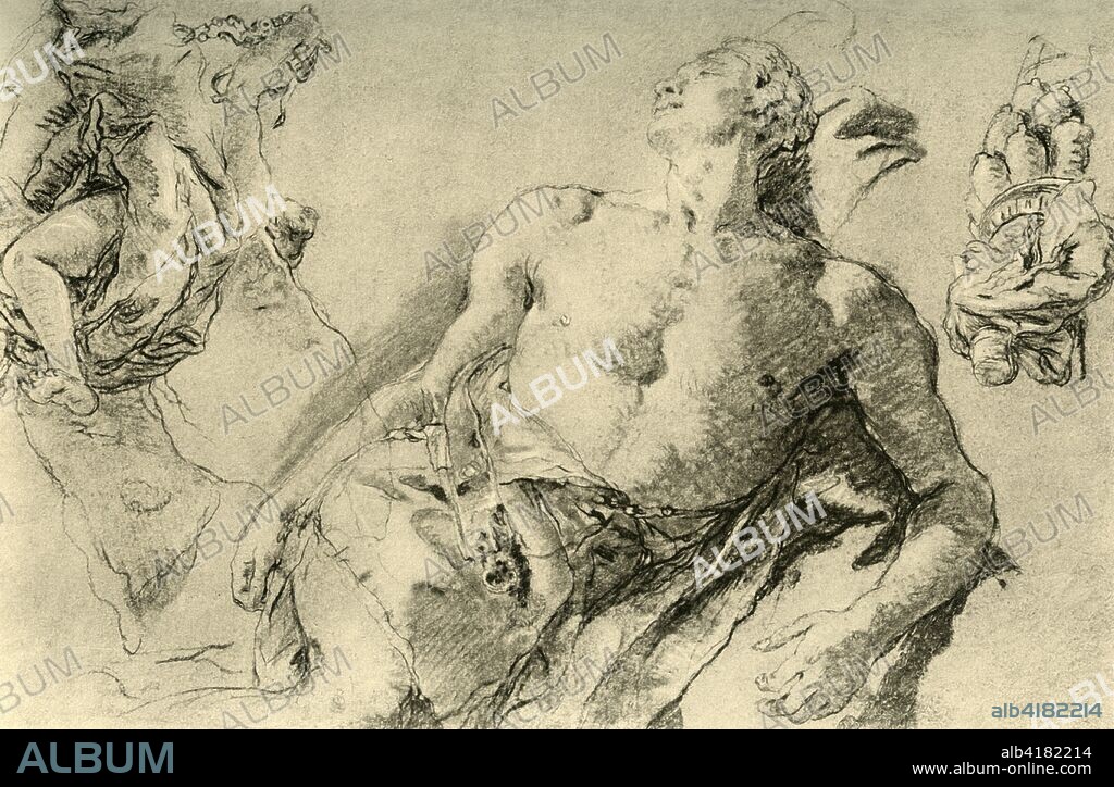 'Detail study for the Hyacinth in Bückeburg, and detail for the Ceiling Painting on the Staircase-hall of the Würzburg Residence', c1752, (1928). Chalk on paper. Study for 'The Death of Hyacinthus', owned by the Museo Nacional Thyssen-Bornemisza, Madrid, Spain, and for the ceiling frescoes of the staircase-hall of the Würzburg Residence, Germany. Staatsgalerie, Stuttgart, Germany. Italian Venetian painter and printmaker Giovanni Battista Tiepolo (1696-1770), worked not only in Italy, but also in Germany and Spain. He was commissioned to carry out frescoes in churches and palaces, and was elected President of the Academy of Padua. As well as his large-scale majestic works, he also produced etchings and oil paintings, and is widely regarded as one of the most important artists of the period. Illustration from The Drawings of Giovanni Battista Tiepolo, Volume II, by Detlev Baron Von Hadeln. [The Pegasus Press, Paris, 1928].