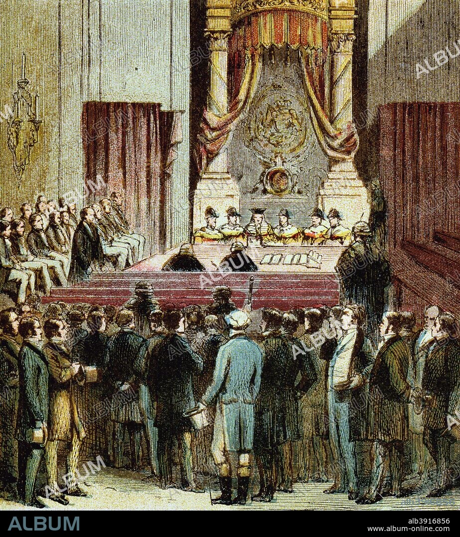 'The Reform Bill', 1832 (c1850s). The Rt Hon Earl Grey introduced the Reform Act in Parliament in 1832. It was intended to make wide-ranging changes to the British electoral system. Colour plate taken from the book Pictures of English History, George Routledge And Sons, (London, New York, c1850).